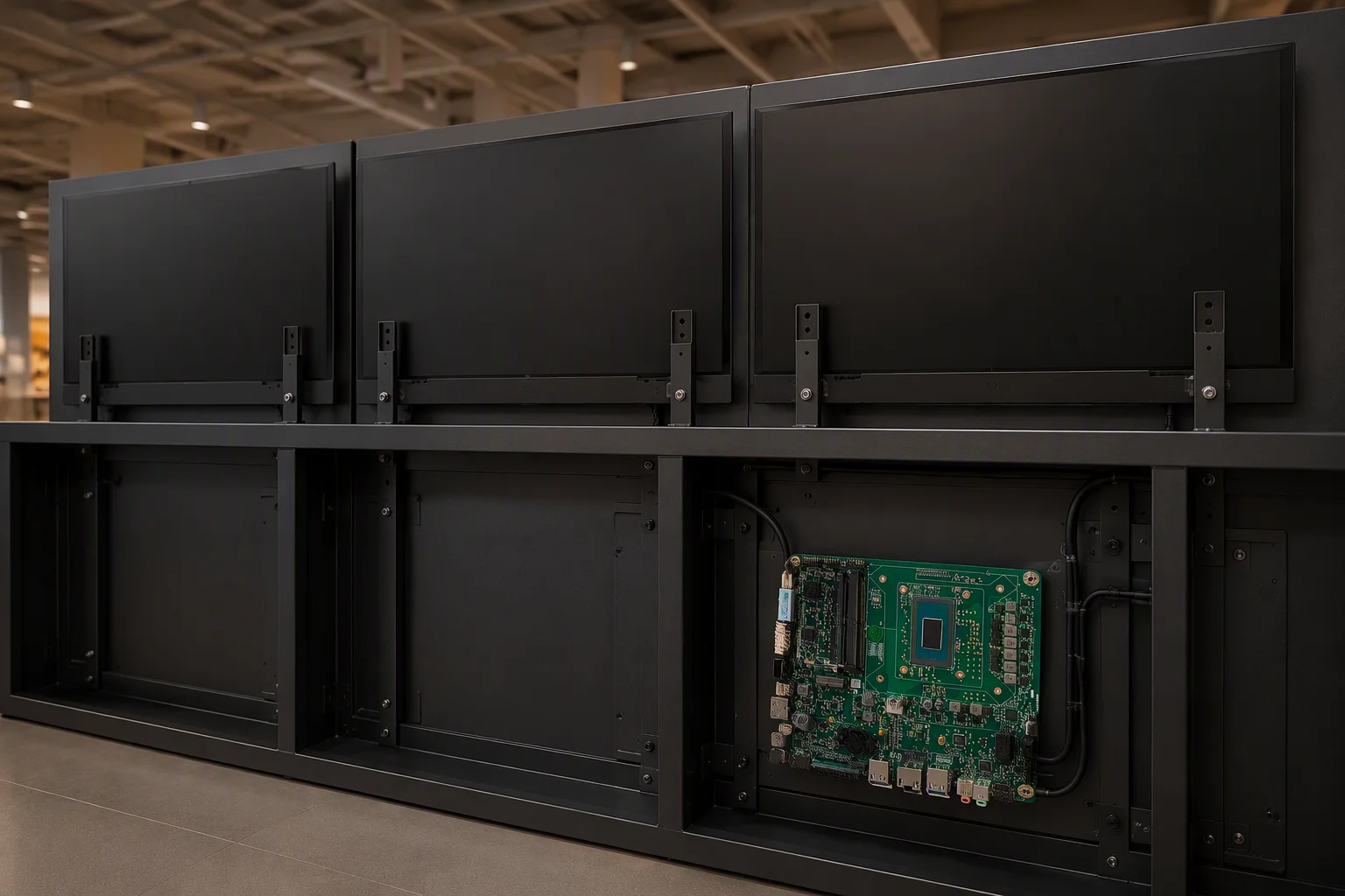 Digital signage players behind retail corridor screens