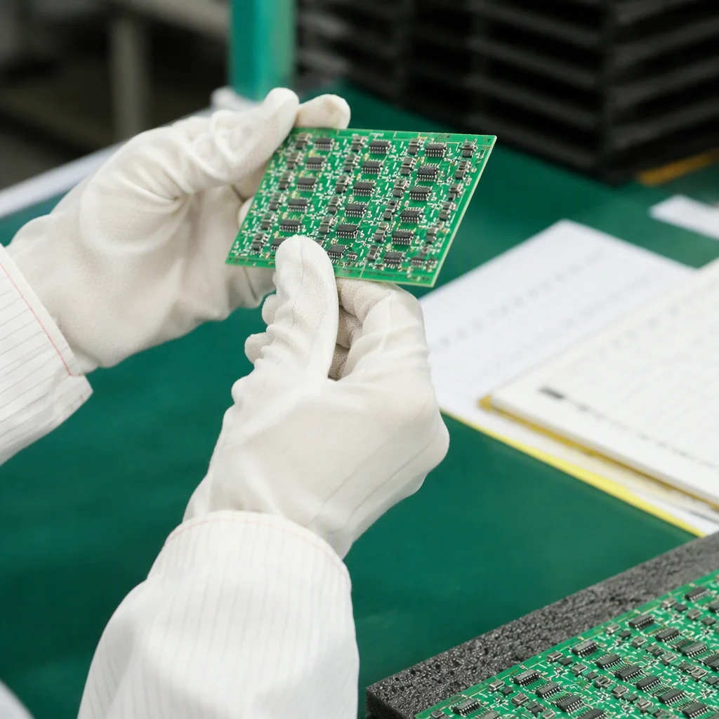 Gloved inspector checking a finished board