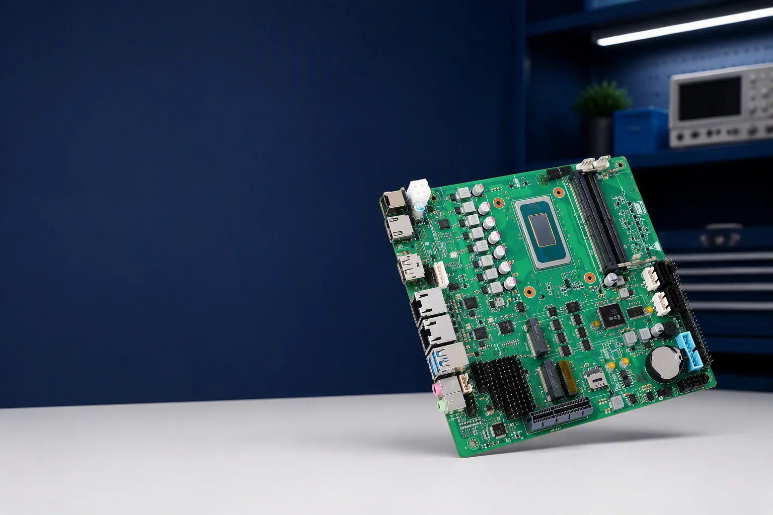 TOP800B industrial motherboard on a lab workbench