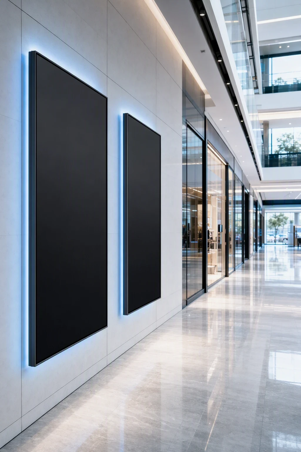 Mall screens in a retail hallway