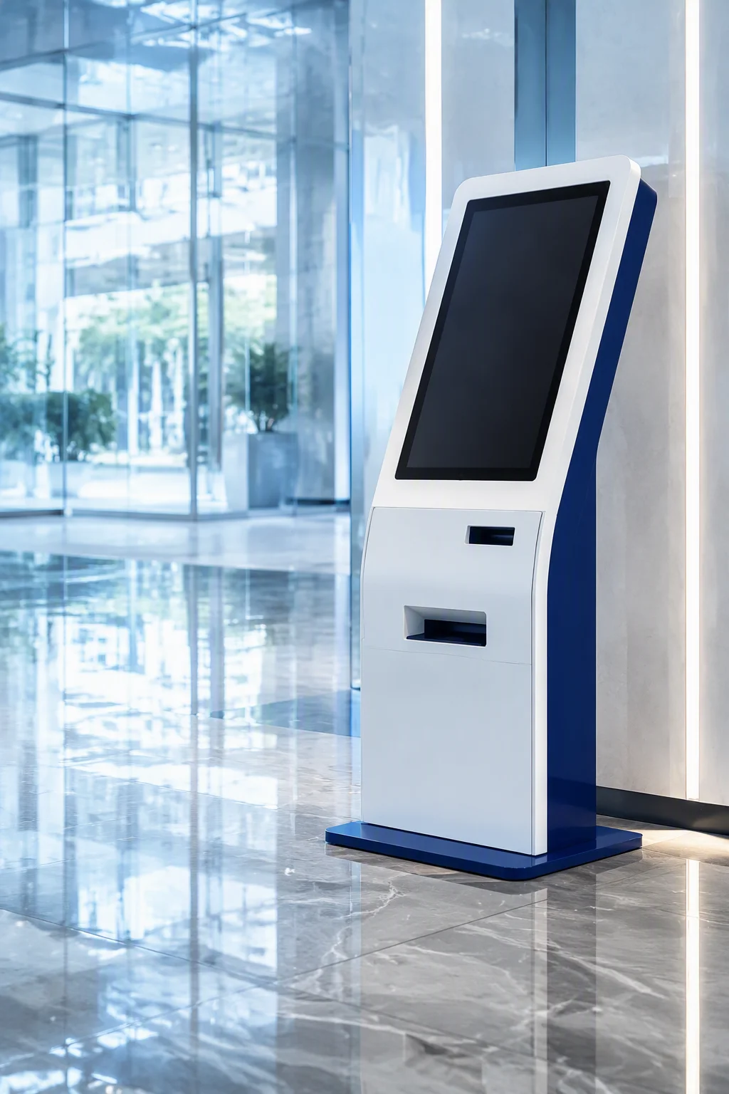 Self-service payment kiosk in a lobby
