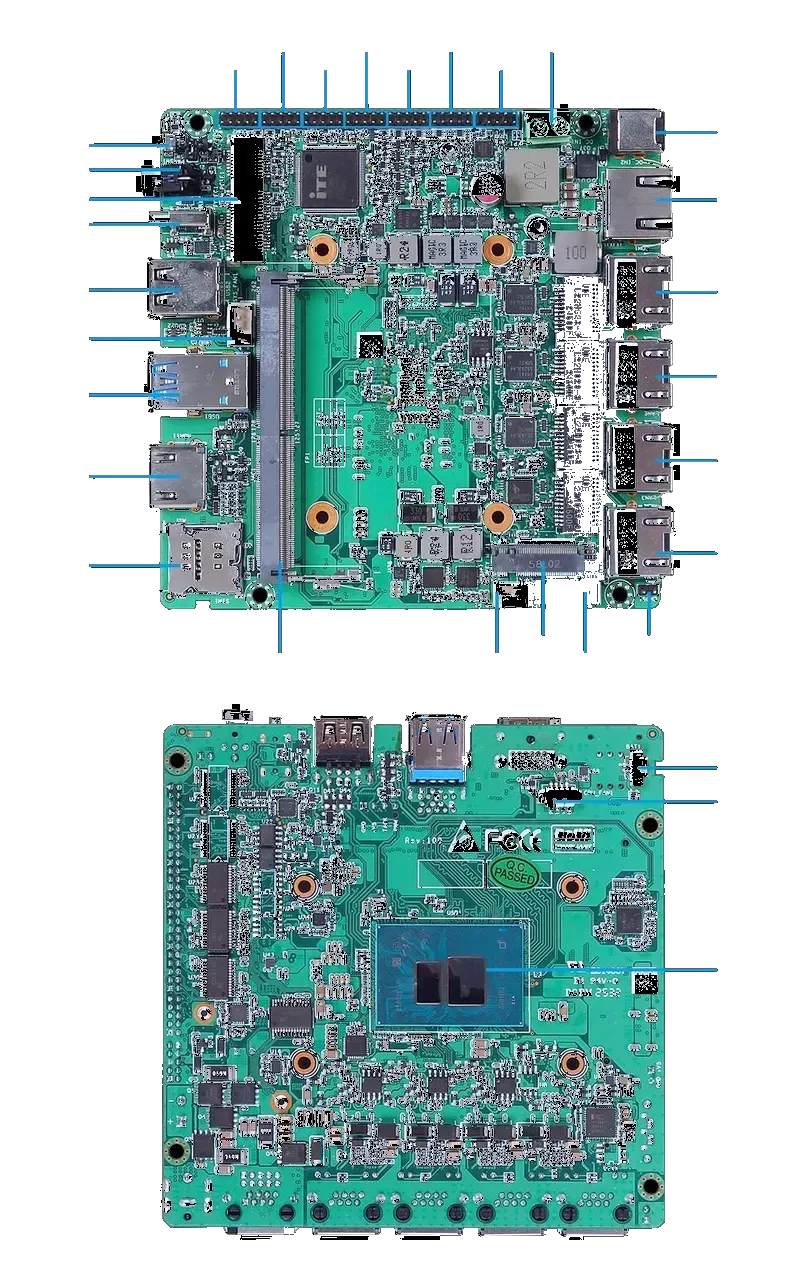 PNM-5210 NANO-ITX motherboard with wide-voltage DC jack, vertical product shot